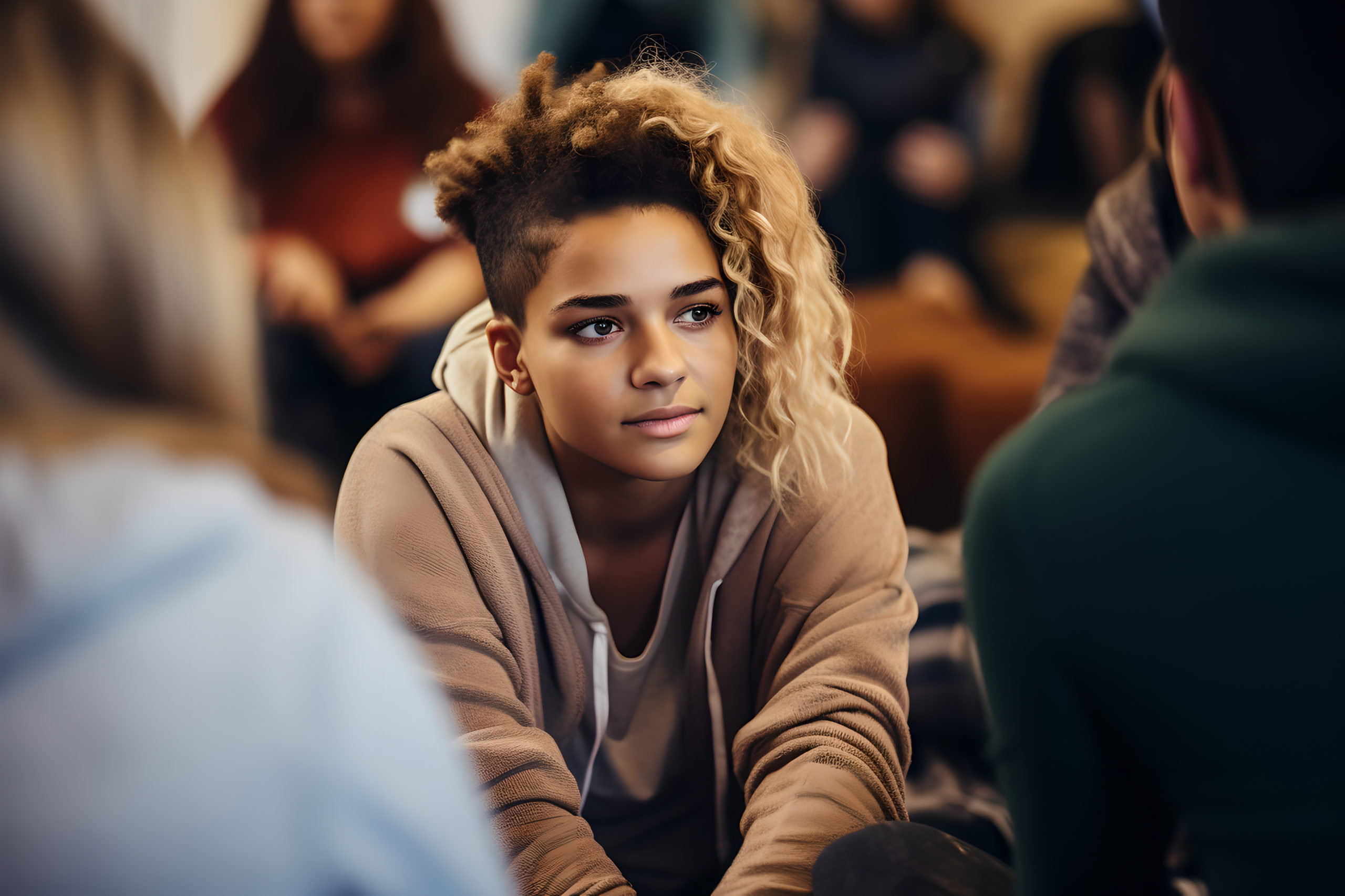 Teenage boy consoling female friend while in support group circle, Multiracial teenagers sitting consoling in group therapy