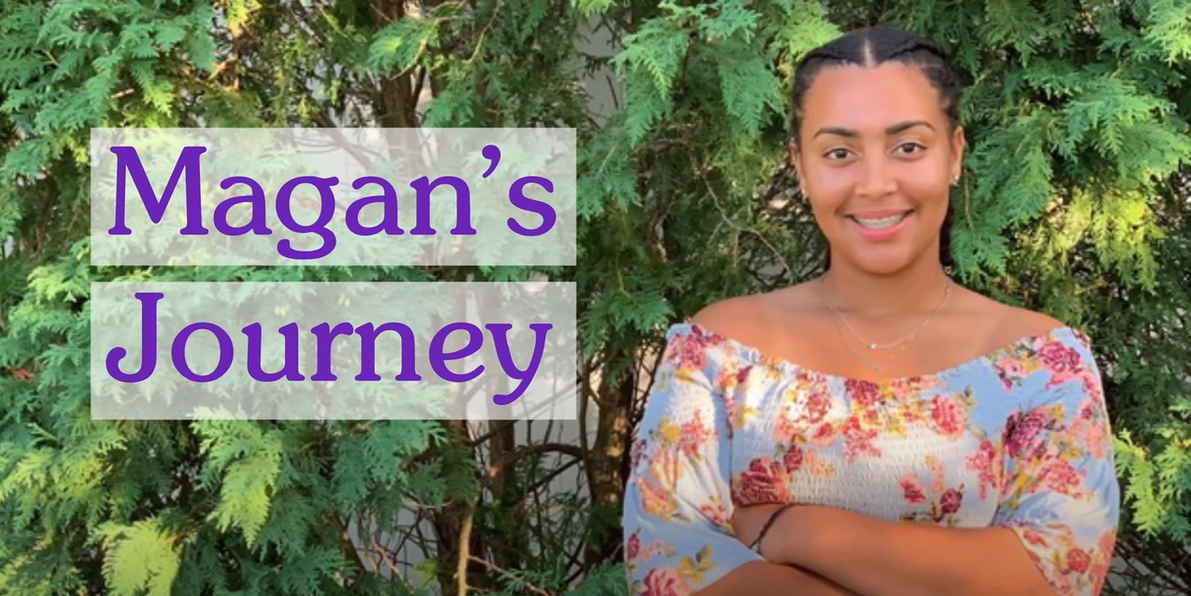 A smiling woman stands in front of lush greenery, wearing an off-shoulder floral top. the image includes text 