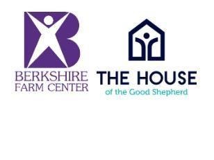 A logo image showing two organizations' logos. On the left, the "Berkshire Farm Center" logo features a purple 'B' with a white stylized human figure. On the right, the "The House of the Good Shepherd" logo has a navy blue house outline with two stylized human figures and text below.